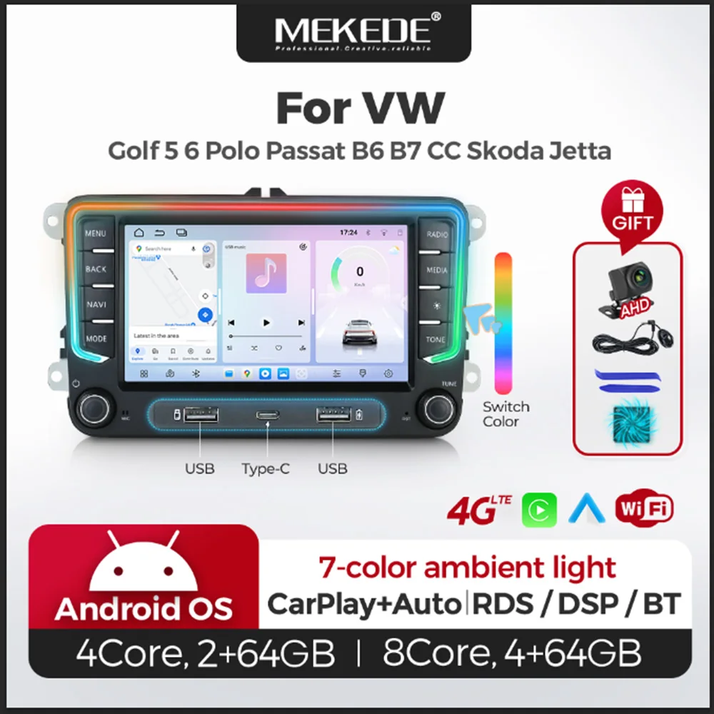 MEKEDE 7 Zoll 8-Kern Android 15 Dual USB Type-C Kabelloses CarPlay Android Auto Radio für Volkswagen Amarok Universal VW Golf 5 6 Passat JETTA Skoda Octavia Seat Polo Intelligentes Autosystem 2din mit