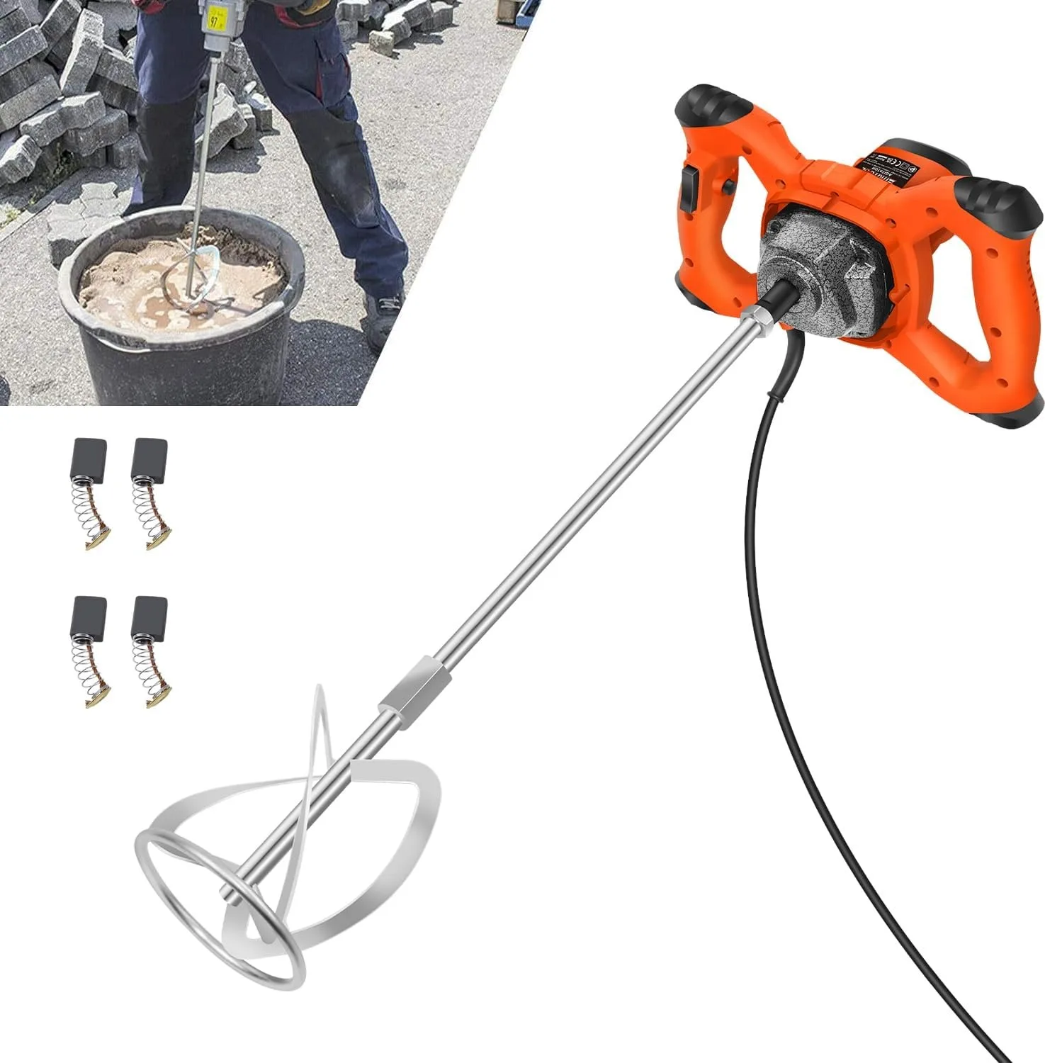 Questo prodotto è un miscelatore portatile multifunzionale ad alta potenza, dotato di un esclusivo design con «volante» che garantisce una presa stabile. È adatto per miscelare cemento, malta, stucco,
