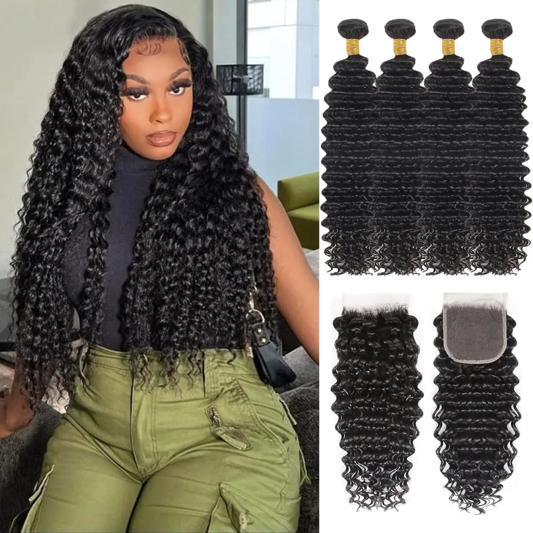 Deep Wave Bundles with Closure Human Hair 3 Bundles with 4x4 Lace Closure with Baby Hair Pre Plucked Free Part Natural Color #1B