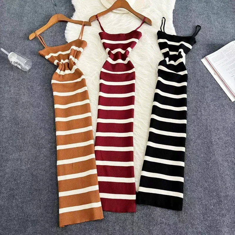 Letnia sukienka w paski z elastycznym paskiem Bodycon 2024 Seksowna sukienka plażowa dla kobiet Casual Slim Pencil Vestidos Maxi Long Dress — zdjęcie 2