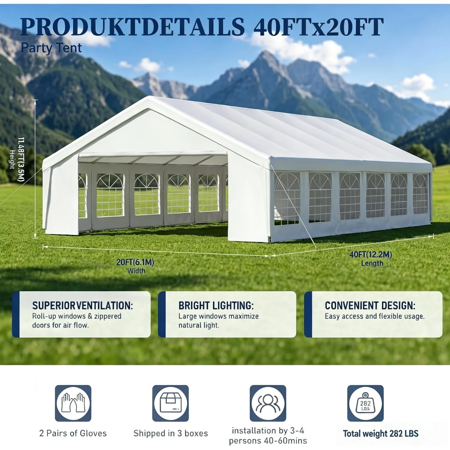 Nordivale 40x20ft Heavy Duty Party Tent with Removable Sidewalls, Waterproof Commercial Canopy for Wedding Outdoor BBQ Camping, White Event Tent view 7