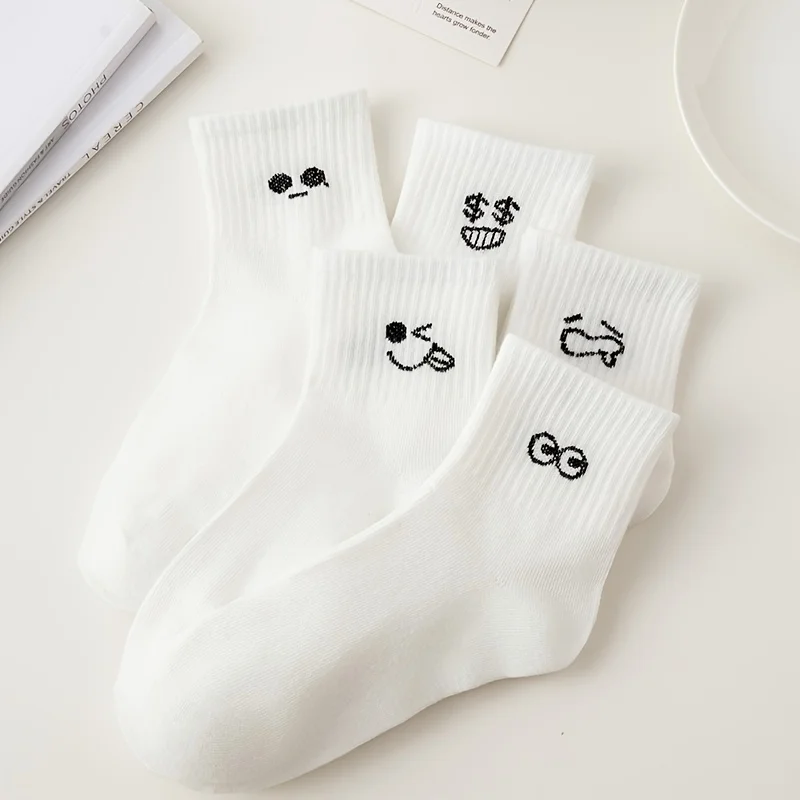 

5 пар удобных, мягких, дышащих и прочных носков с простым выражением, модных и милых, подходящих для повседневного ношения.