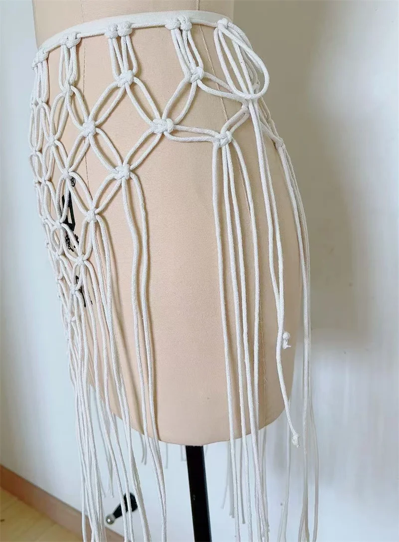 手作りかぎ針編みスカートセクシーな透かし彫りタッセルレースアップハイウエストスカートサロンラップボトムビキニカバーアップ水着女性用水着