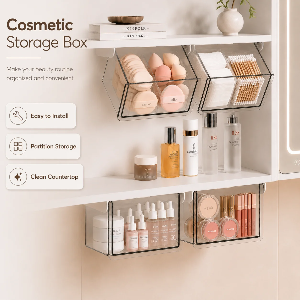 No Drill Clear PET Bathroom Mirror Cabinet Organizer Self Adhesive Pull Out Drawer Dustproof Waterproof Cosmetic Storage Box