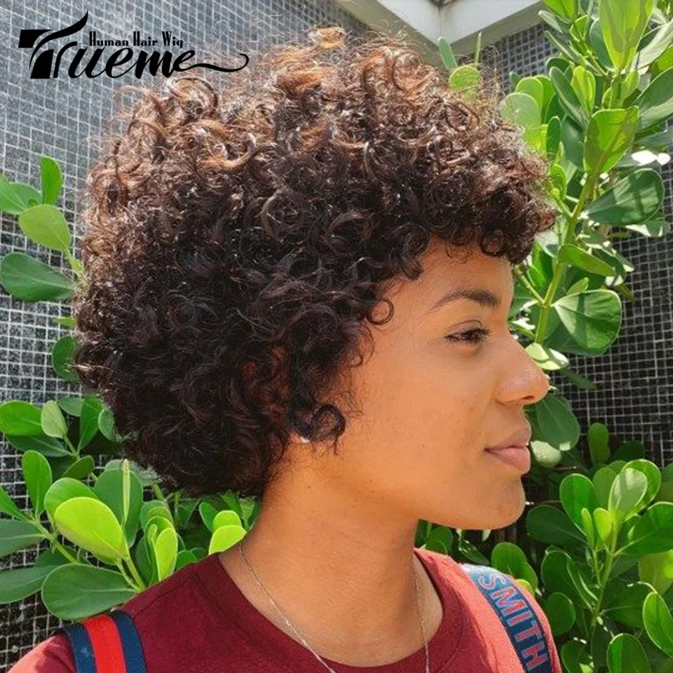 

Trueme Afro Kinky Curly Human Hair Wigs For Women Short Pixie Cut Curly Human Hair Wig Brazilian Brown Full Machine Made Wig