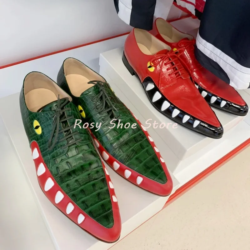 Men's Multicolor Crocodile Pattern Leather Shoe Weird Style Color Matching Point Toe Lace Up Stacked Heel Spring Summer Men Shoe