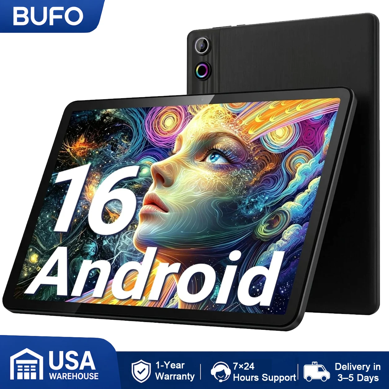 Tablet, 2026 Latest 10 Inch Android 16 Tablet, 24GB+64GB+1TB TF, 6000mAh Battery, Fast Charging, HD Display, Widevine L1, Dual Camera, Face ID, Split Screen, Light, Portable
