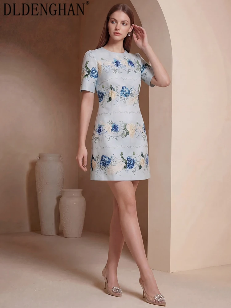 DLDENGHAN Women Vintage O-Neck Short Sleeves Print Sequins Beading Summer Exquisite New model Mini Dresses