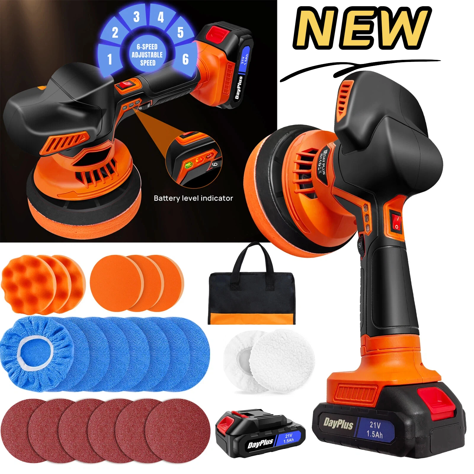Pulidora Inalámbrica para Automóviles de 21 V, Pulidora Eléctrica de 6 Velocidades 2800-5500 rpm – 2 Baterías de Iones de Litio de 1500 mAh, Órbita de 12 mm – Para Encerar y Pulir