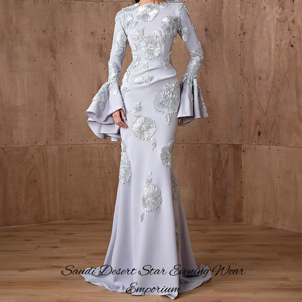 Customized Exquisite 3D Flowers Celebrity Gowns Delicate Mermaid Long Sleeves Evening Dress Elegant O-Neck Jersey Robe de soirée