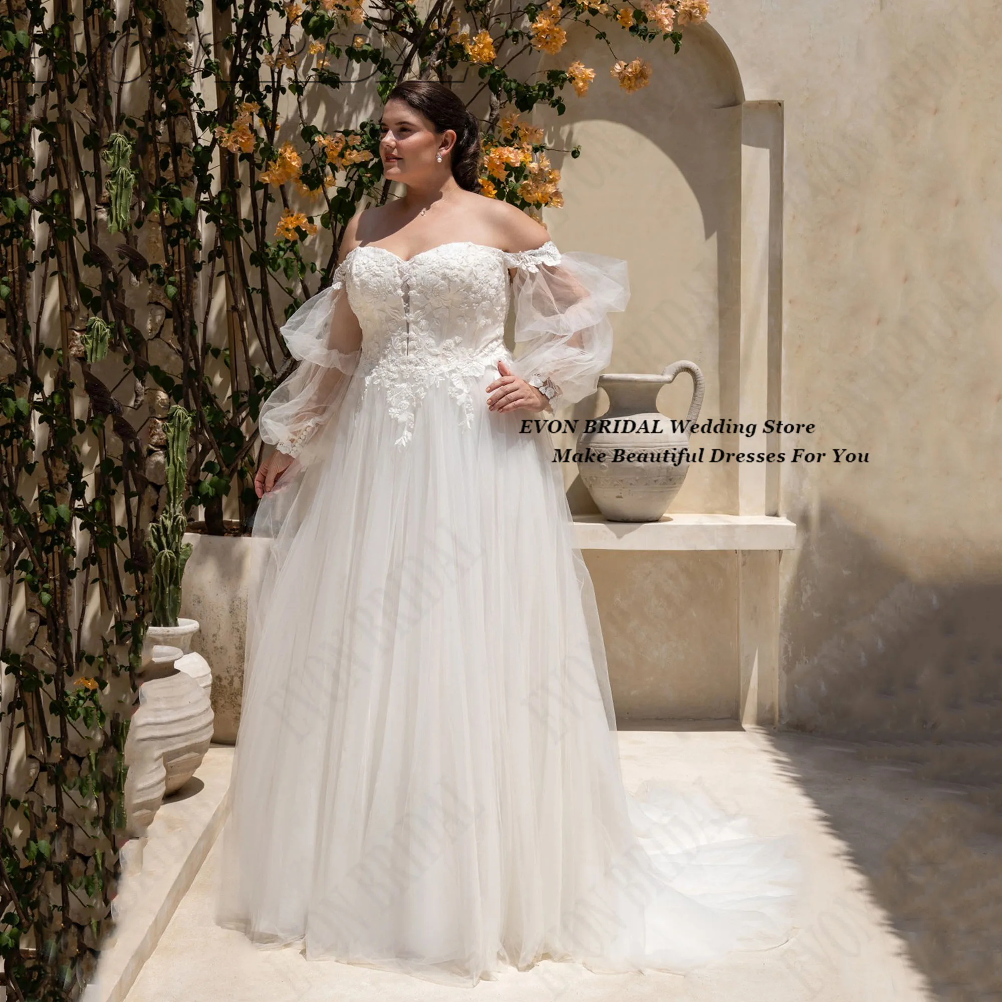 

A Line Plus Size Bridal Party Gown Customized Appliques Wedding Dress Large Size Tulle Bride Dress Plus Sizes EVON BRIDAL