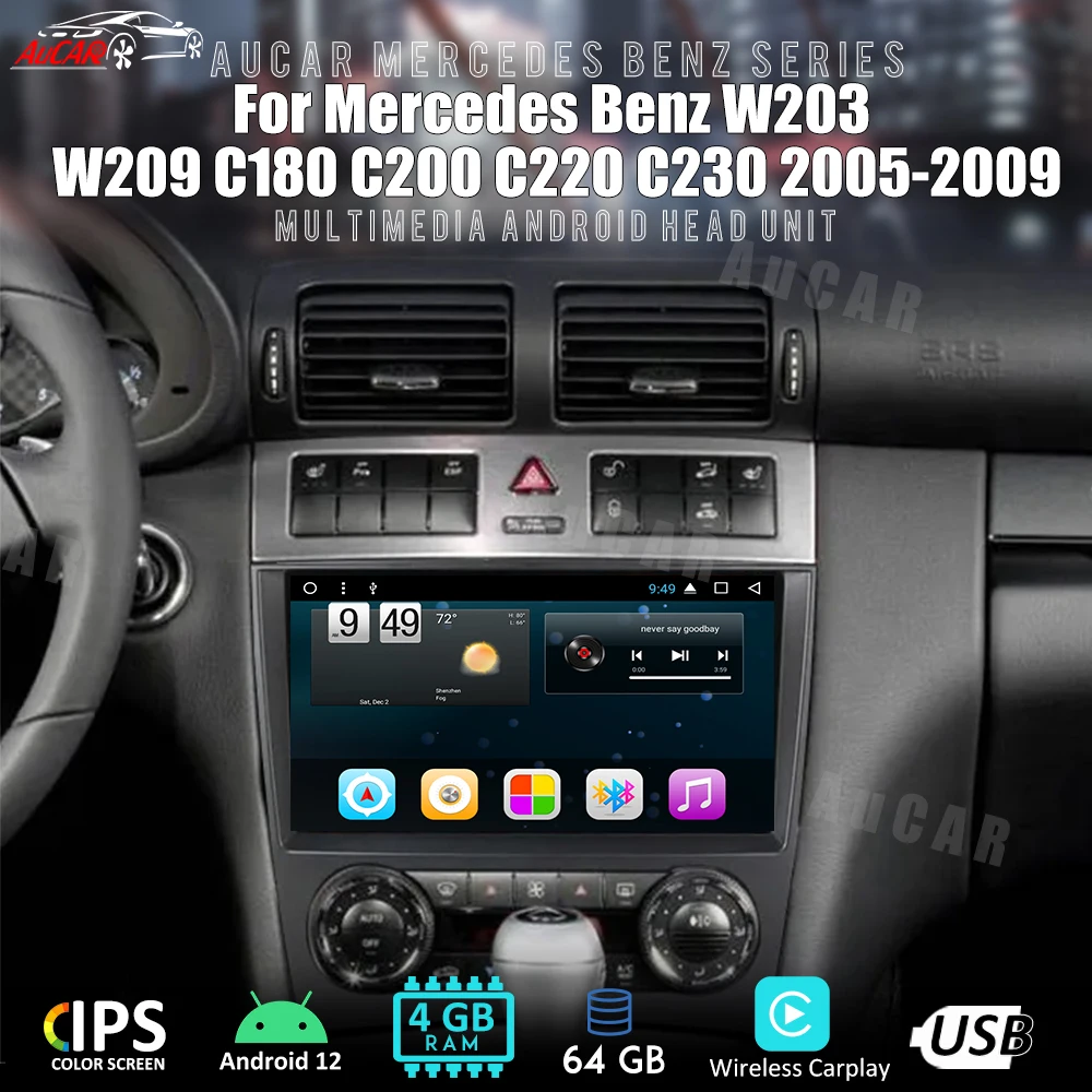 AuCar 12.3inch Car Radio For Mercedes Benz W203 W209 C180 C200 C220 C230 2005-2009 Android 12 GPS Navigation Head Unit Carplay