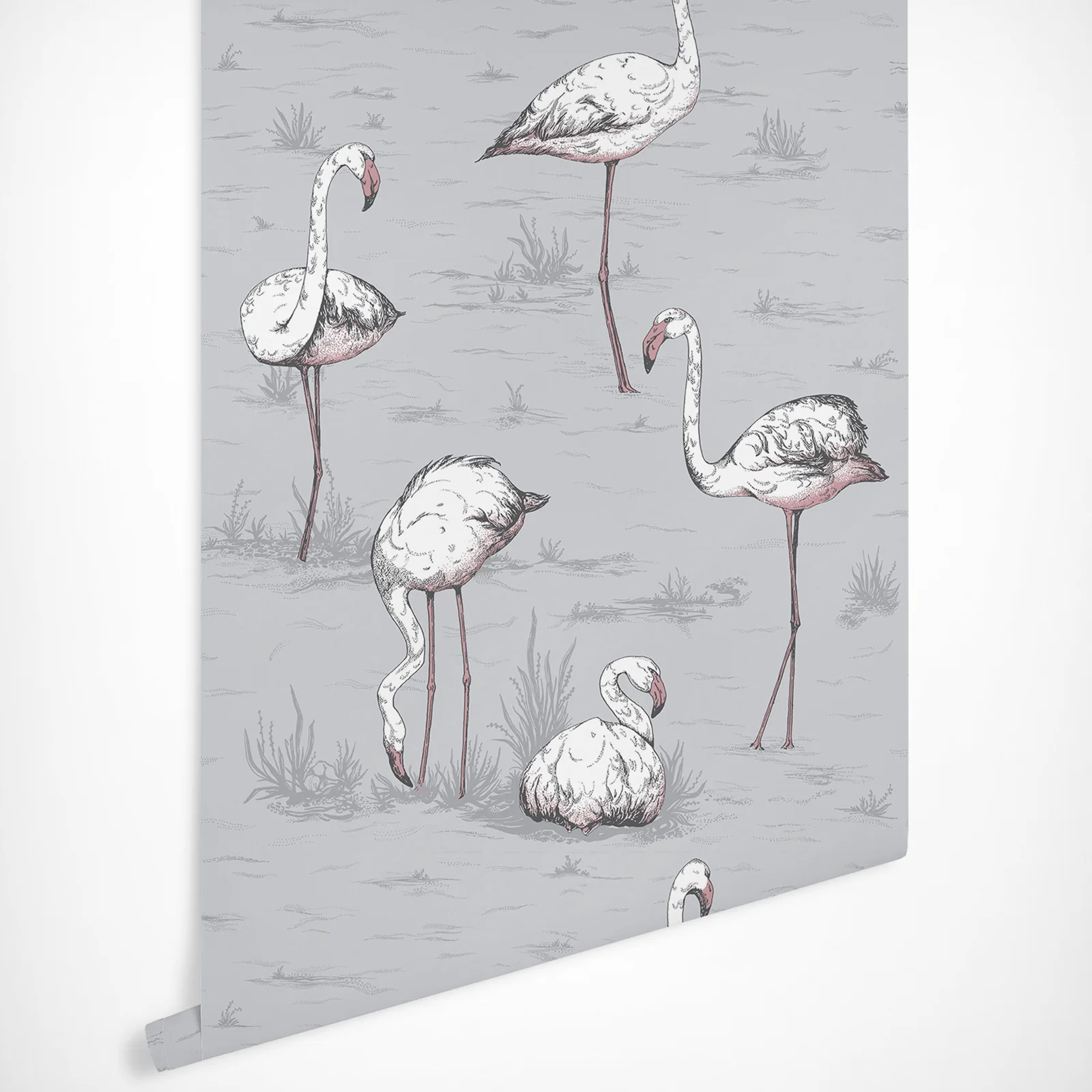 

Flamingos Wallpaper in Lilac Grey with nonchalant birds and subtle background foliage, Scandinavian design, removable Wallpaper