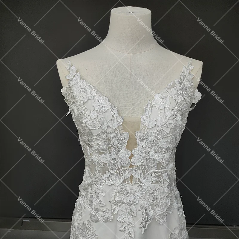 Alças de espaguete sereia bordado laço vestido de casamento feito sob encomenda aberto voltar ver através de alças de espaguete v pescoço vestidos de noiva