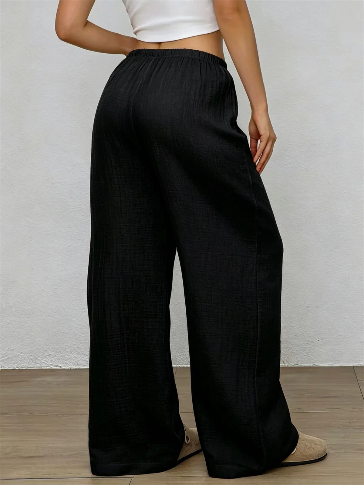 Casual Women's Wide Leg Pants Summer Comfort Elastic Waist Loose Solid Long Trousers Outdoor Vacation Beach Commute Baggy Pant