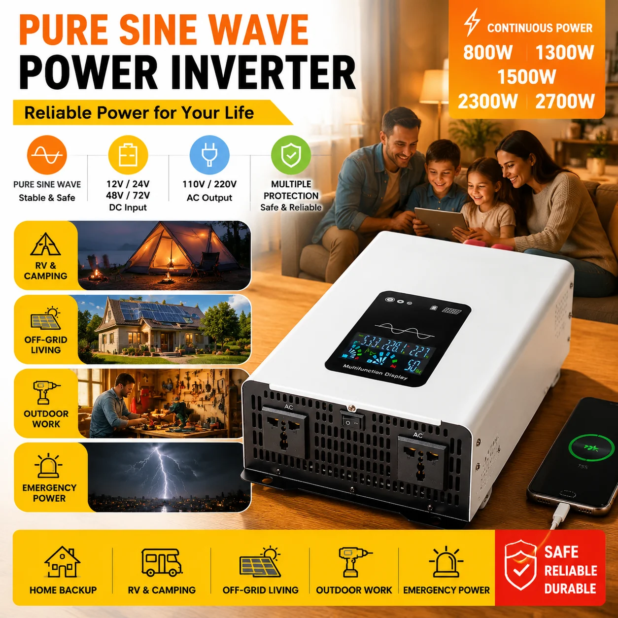 Pure Sine Wave Inverter DC12V/24V To AC110V/220V 1500W 3000W Peak Power Transformer LCD Screen QC3.0 USB Auto Off-Grid Power Con