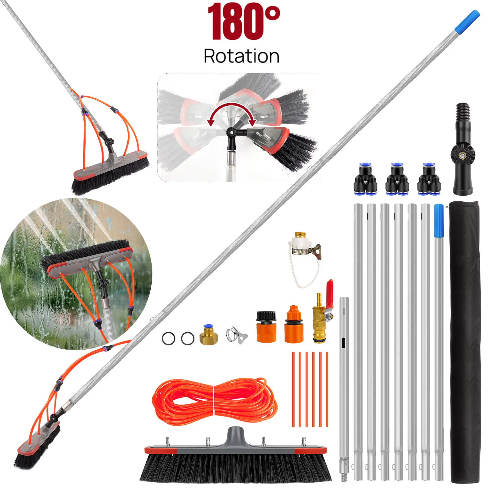 Juego de cepillos con pértiga extensible de 7 m para limpieza con agua, limpiador telescópico de aleación de aluminio – Para ventanas altas, limpieza de canalones, lavado de paredes