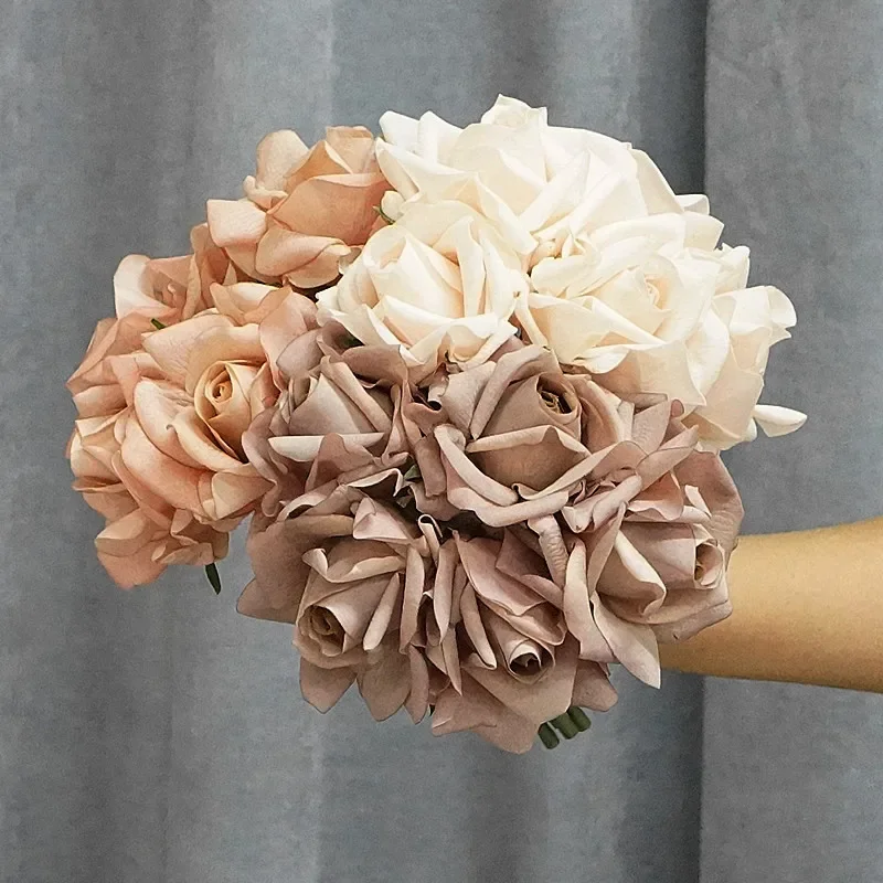 Nawilżający 5Head Rose Flower Bouquet Latex Real Touch Sztuczne kwiaty Ślubny bukiet ślubny Urodziny Party Home Decor Rose — 2