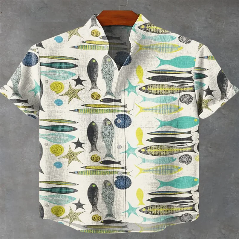 

2025 Summer Men's Retro Fish Pattern Art Shirt, Fishing Enthusiasts Casual Linen Short Sleeve Shirt, Beautiful Style