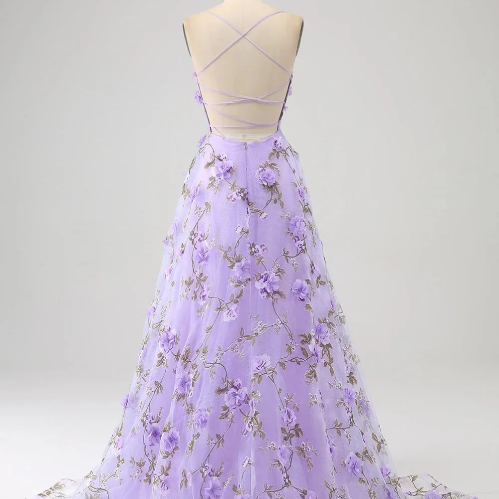 Classy Long Purple Spaghetti Straps Tulle Prom Dresses Sleeveless with Appliques A Line Slit Floor Length 고급파티드레스