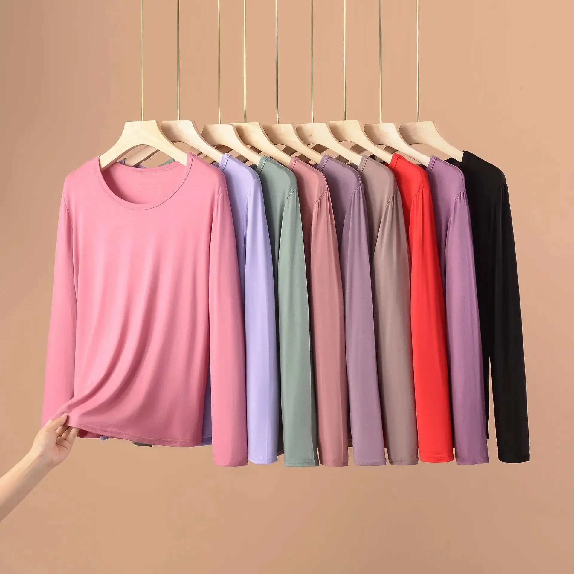 XL do 8XL Plus size Modalne koszulki z długim rękawem O-Neck Bottoming Tshirts Solid color Loose Casual Tee Tops base Tees all match — zdjęcie 2