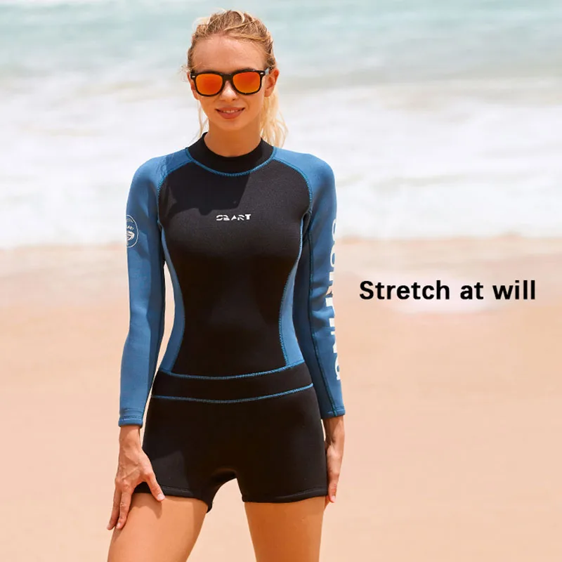 2MM Diving Suit Women One-piece Long Sleeved Back Zipper Warm Sunscreen Wetsuit Snorkeling Vacation Swimsuit for Ladies