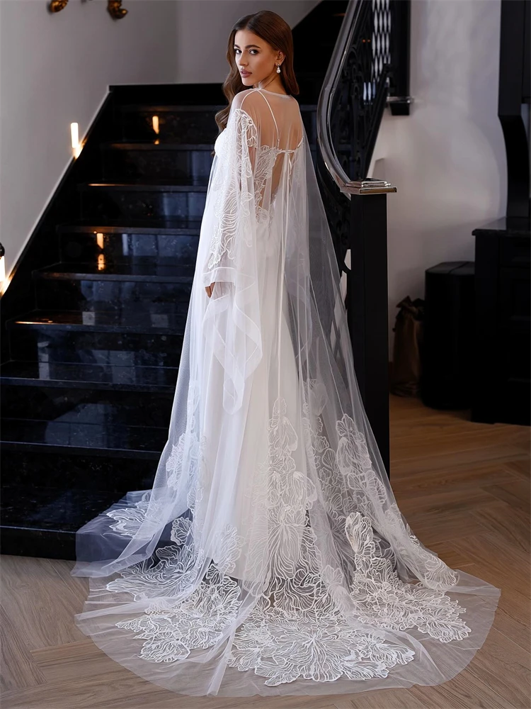 Elegant Two-Pieces Bride Robe For Embroidered Lace Wedding Sexy Flare Sleeves Bridal Shower Dress Women Night Gwon عرس لينجري