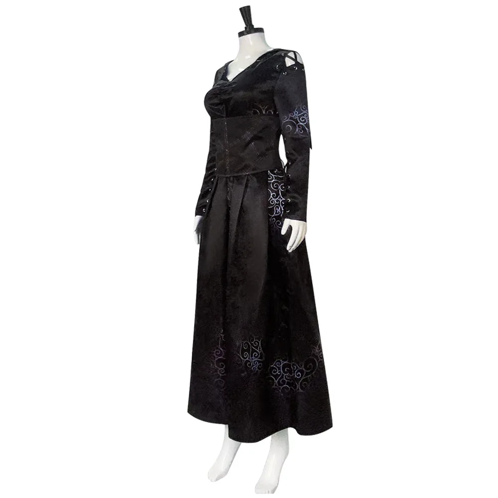 Costume cosplay Bellatrix Lestrange Abito lungo gotico nero Abito da gioco di ruolo da mago di Halloween Classico abbigliamento da festa scuro