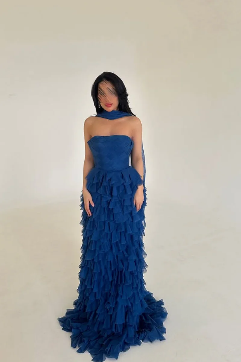 Gaun Malam Jessica Blue Gaun Prom Multi-lapis Sifon Buatan Tangan Gaun Pesta A-line Off-the-shoulder Seksi Dapat Disesuaikan