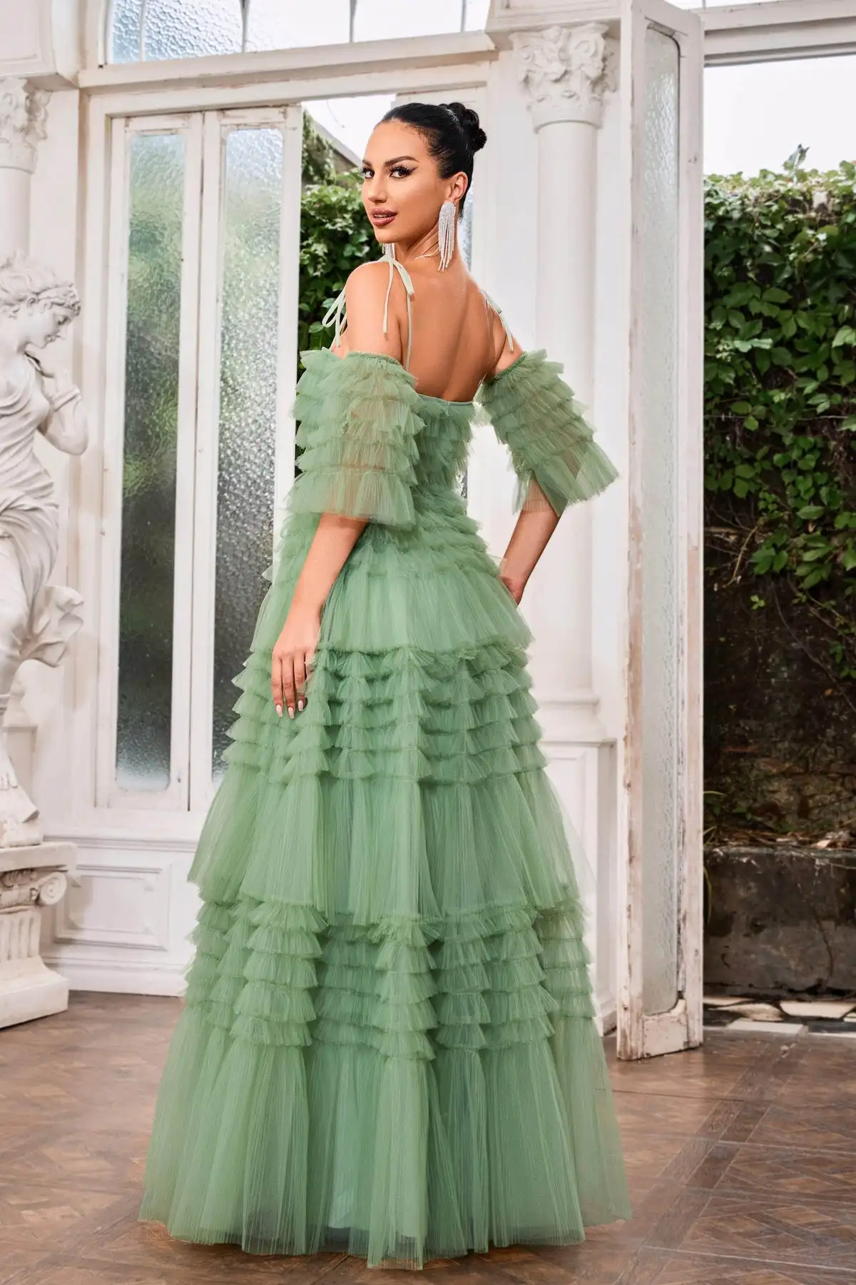 Tie Straps Ruffled Tulle Prom Dresses 2024 Princess Long Slit Formal Evening Dress Illusion Ball Gown Robe de soirée for Women