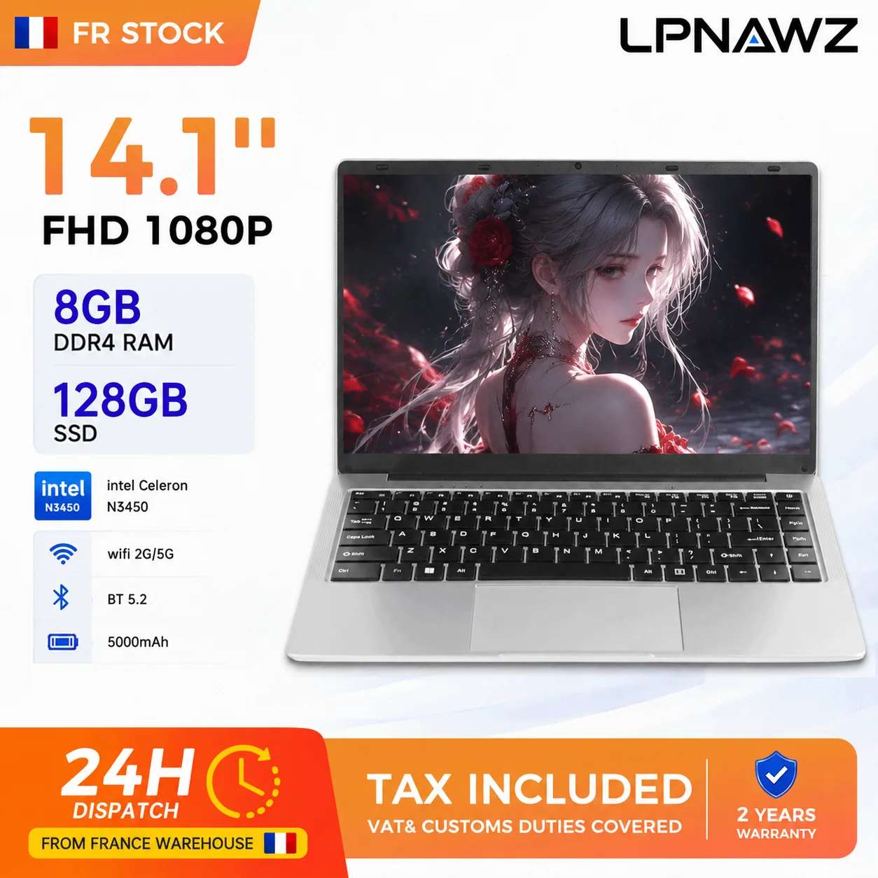 PC Portable Slim 14,1" HD Argent - Intel N3450, 8Go RAM, 128Go SSD | Windows 11 en Français | Clavier AZERTY avec Protection | Idéal pour Étudiants, Télétravail, Bureautique et Streaming | Ordinateur Économique et Léger - Silver