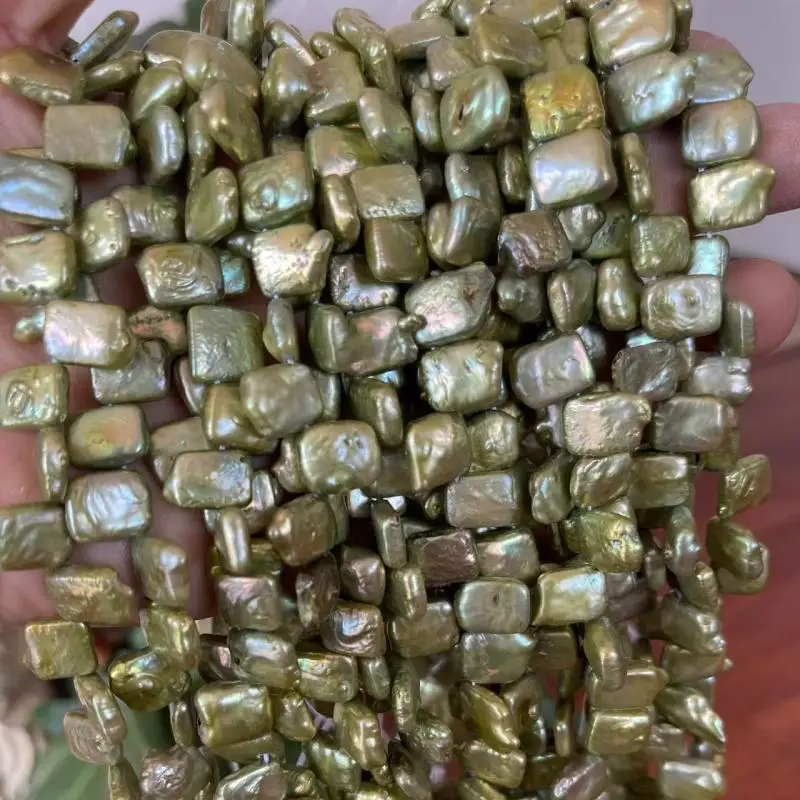16 inches 9-14mm Green Side Drilled Natural Square Pearls Loose Strand