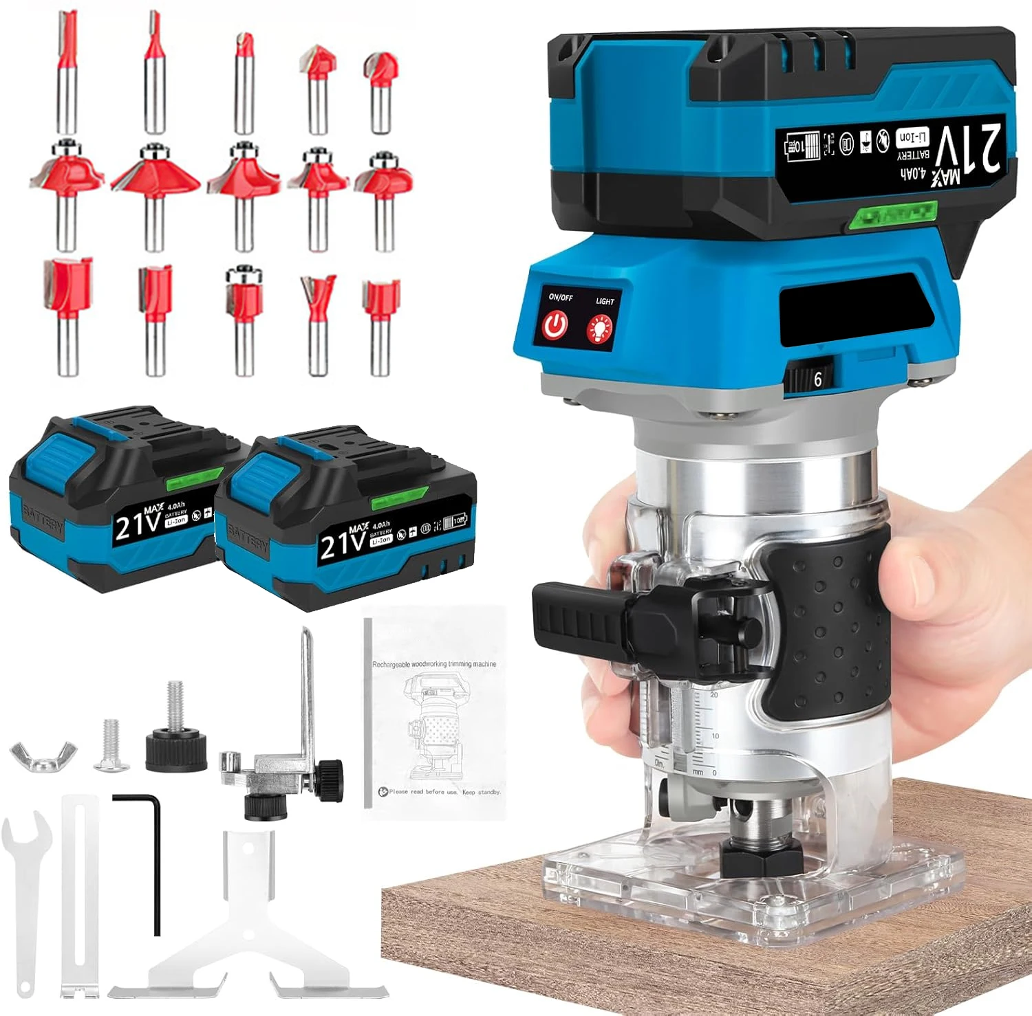 Image of Bürstenloser Holzbearbeitungsfräser 35000 U/min, Holztrimmer, 6-Gang-Elektro-Handtrimmer, Holzbearbeitungswerkzeug-Set mit 15 1/4 Zoll Bits