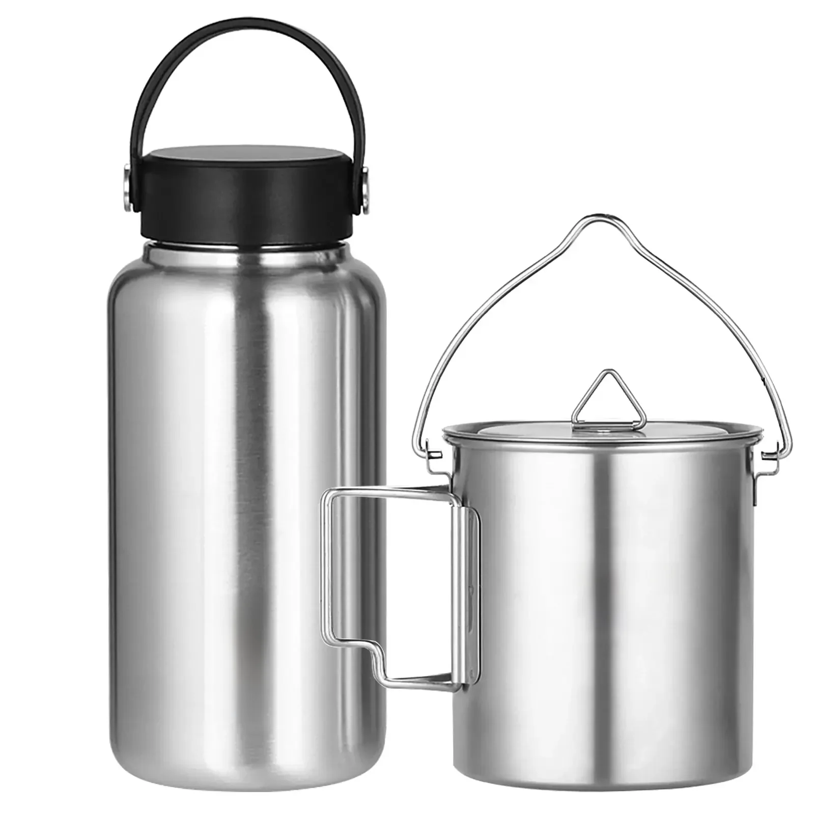 TOMSHOO 1.05L Stainless Steel Water Bottle Leak Proof Sports Bottle W 750ml Water Cup Coffee Mug Hanging Pot for Outdoor Camping