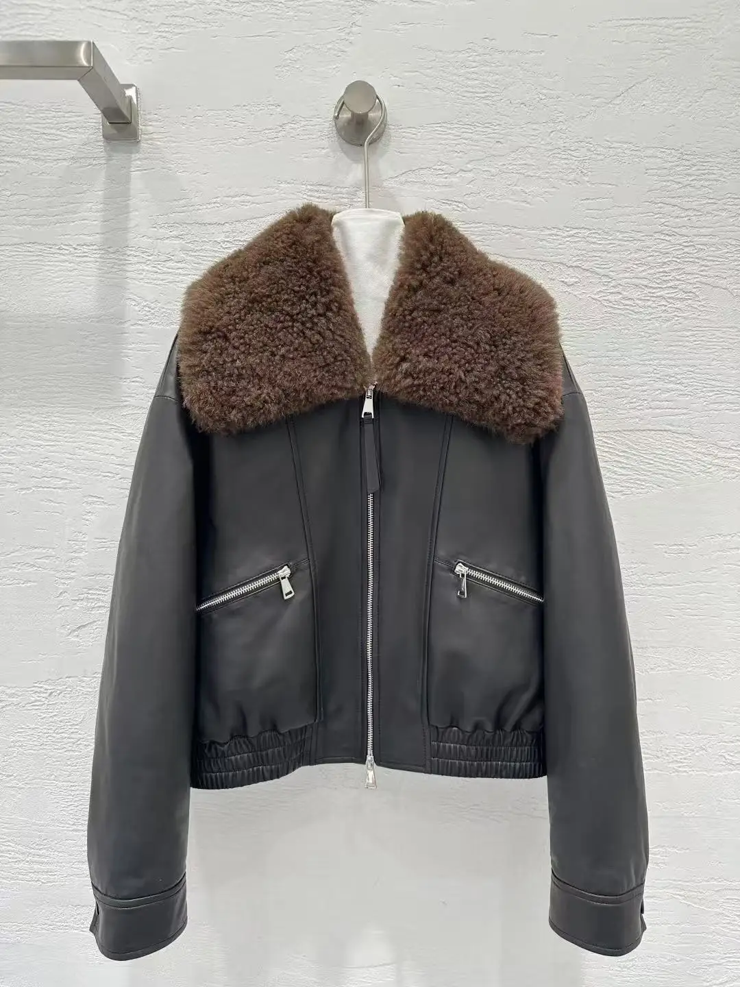캐주얼 여성 가죽 재킷 양털 칼라