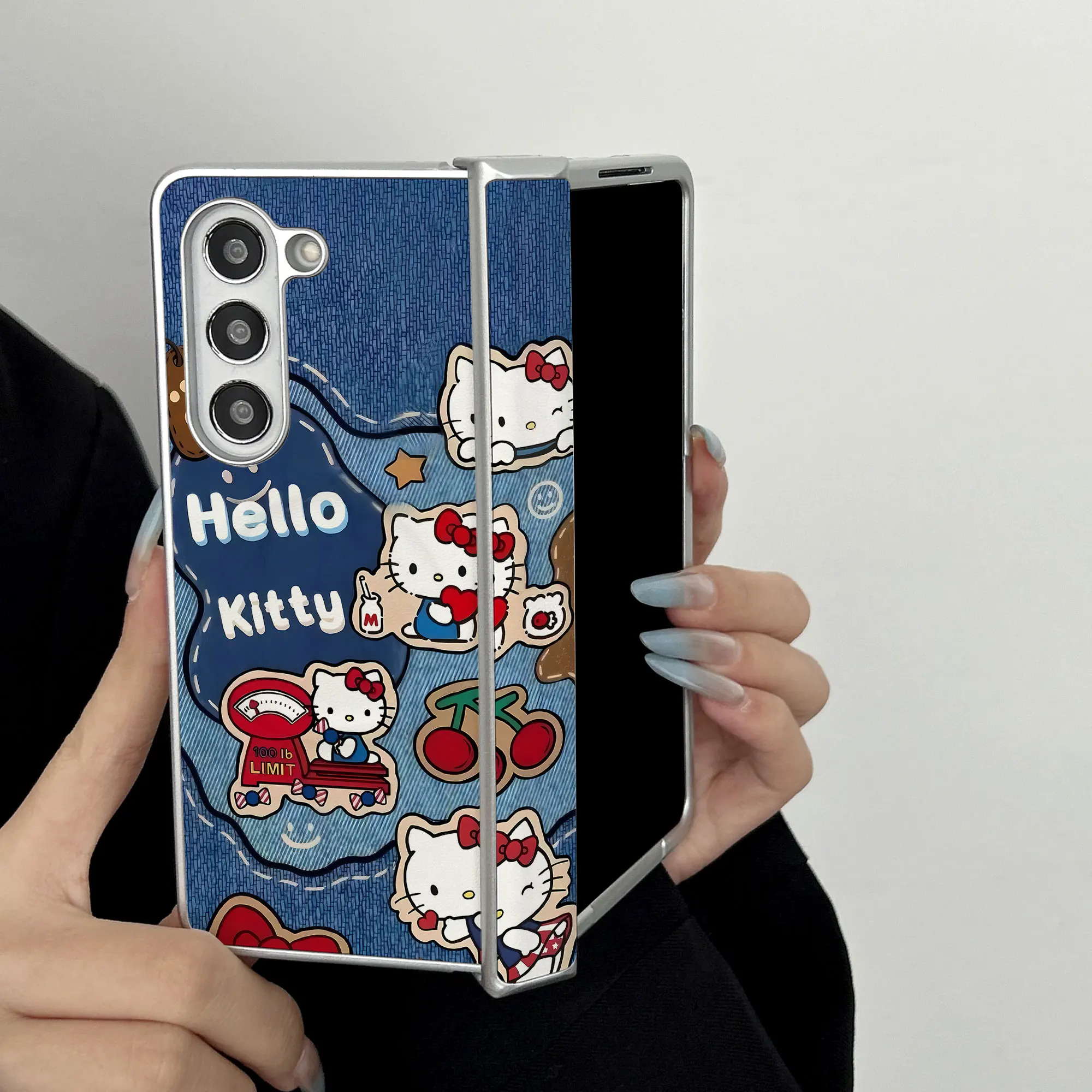 Denim Sticker‑Patch Hello Kitty Vintage Style PU Leather Cover for Samsung Galaxy Z Fold8/7/6/5/4 W26, Hinge‑Wrapped Protective