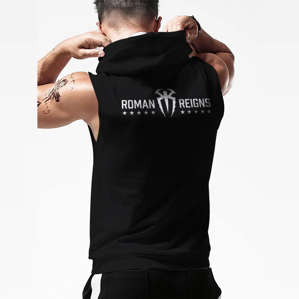 Men's Black Roman Reigns OTC 10-Star Hooded Tank Outdoor Sports Quick Dry Breathable Gym Tank Top Daily Casual Sleeveless Hoodie