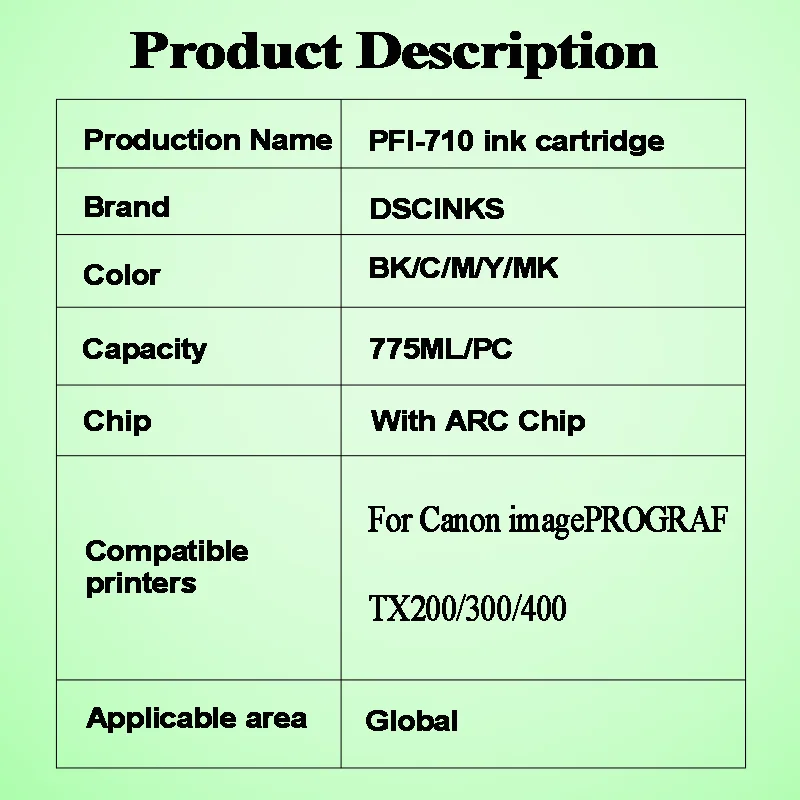 PFI-710 PFI 710 PFI710 Refillable Ink Cartridge For Canon imagePROGRAF TX200 TX300 TX400  Printer Model