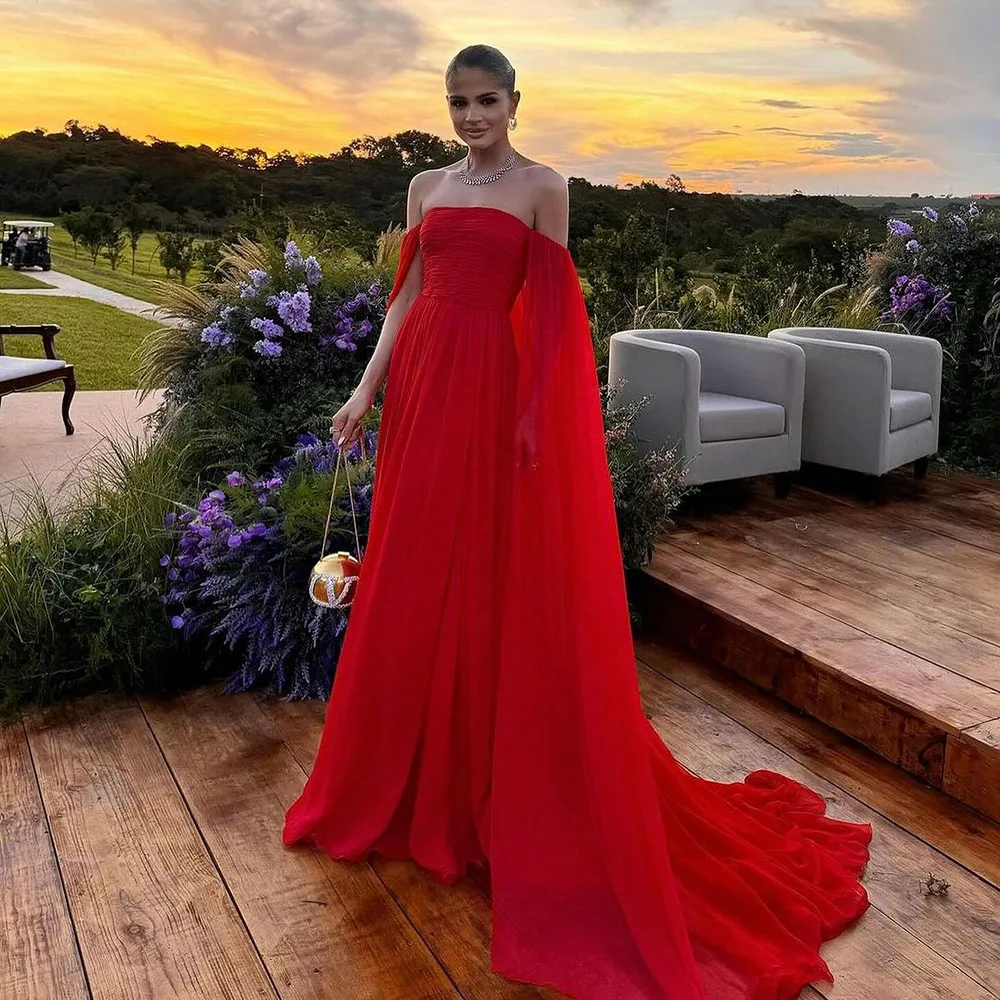 Msikoods Red Evening Dresses With Draped Sleeves Wedding Guest Dress Pleats Backless Chiffon Party Formal Gown Special Occasion