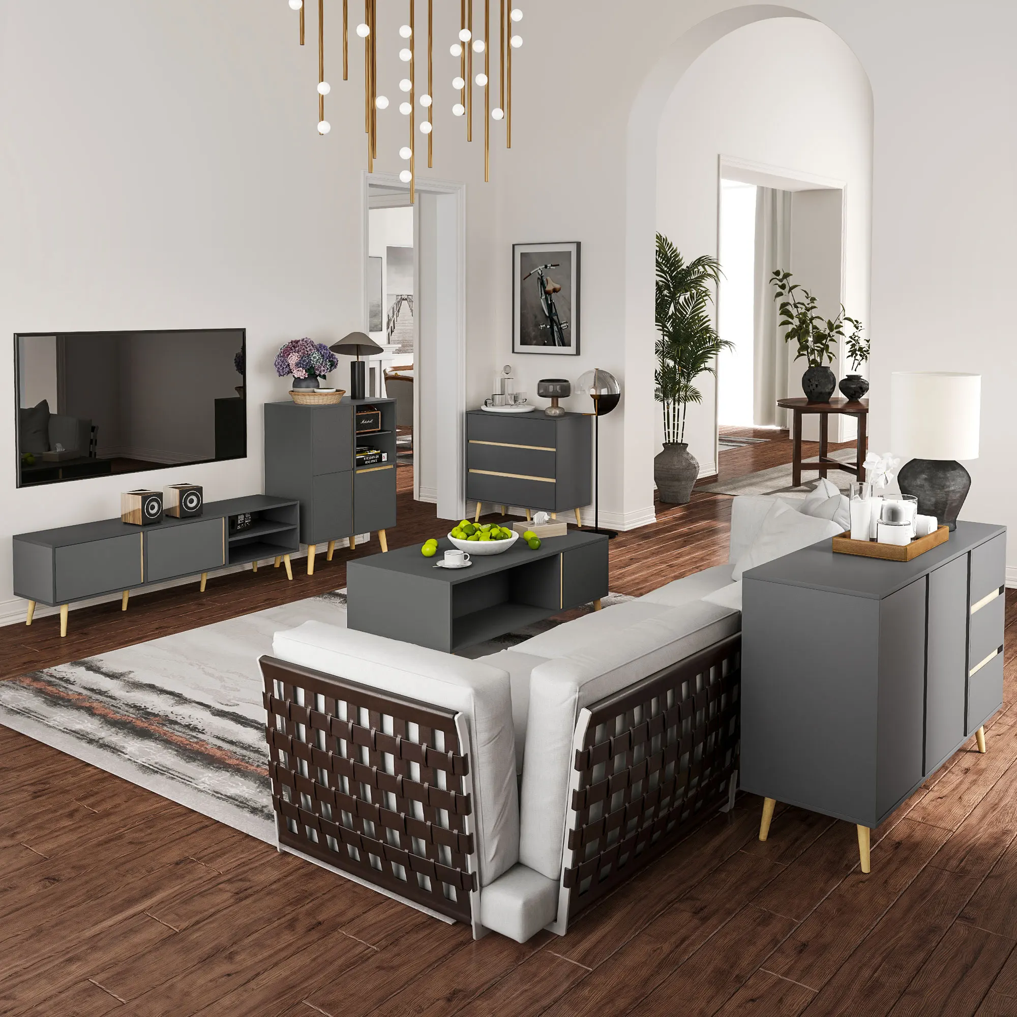 Mueble para TV Estilo Escandinavo, Consola Multimedia para Televisores de hasta 55 Pulgadas, Mueble para TV con 2 Puertas de Almacenamiento, Compartimentos Abiertos y Orificios para Organización de Cables, Patas de Madera, Centro de Entretenimiento para Sala de Estar, Acabado Gris Oscuro