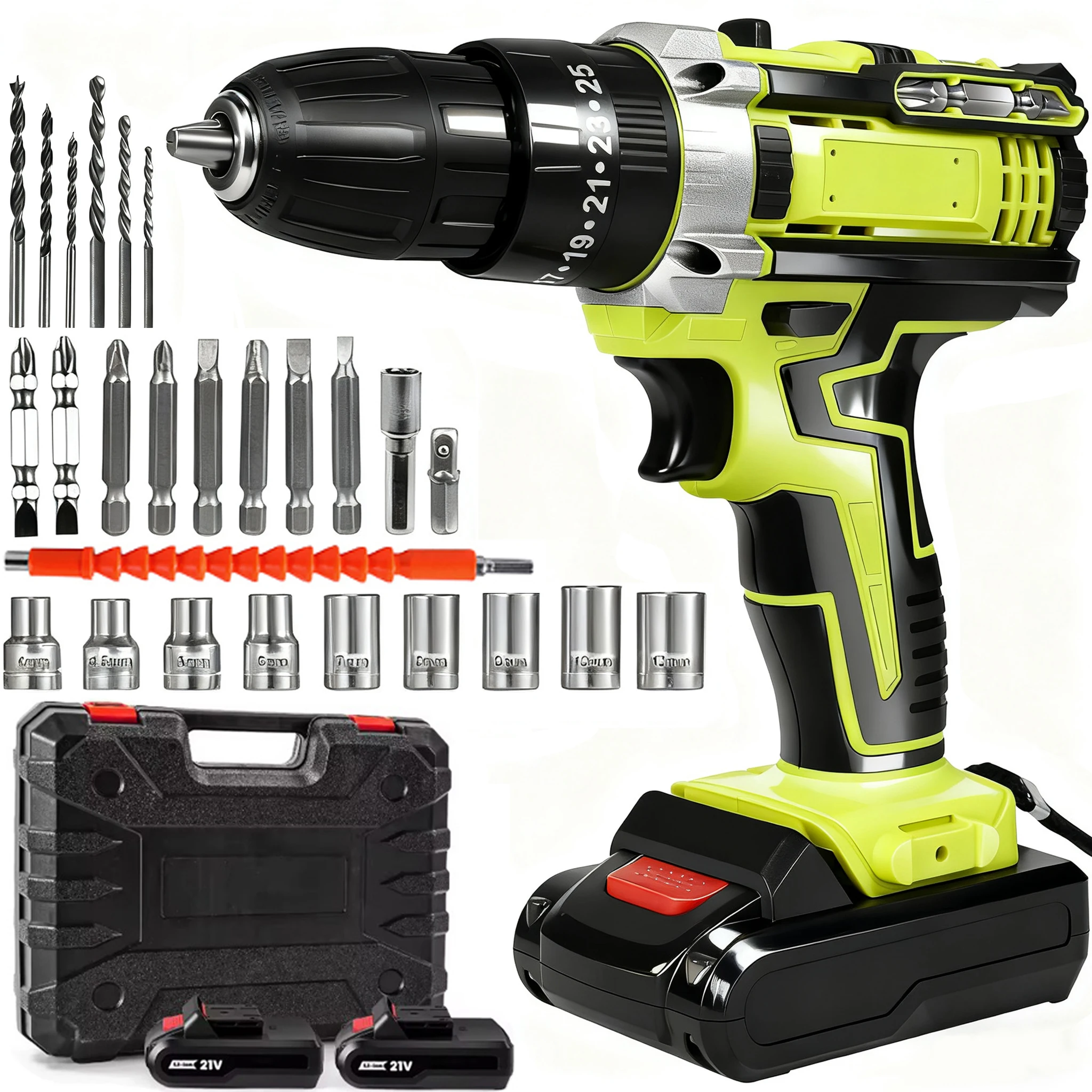 21V Accu-boormachine set, 48Nm hoog koppel 2-snelheden boormachine (0-350/1350 RPM) Elektrische schroevendraaier voor hout, metaal & doe-het-zelf