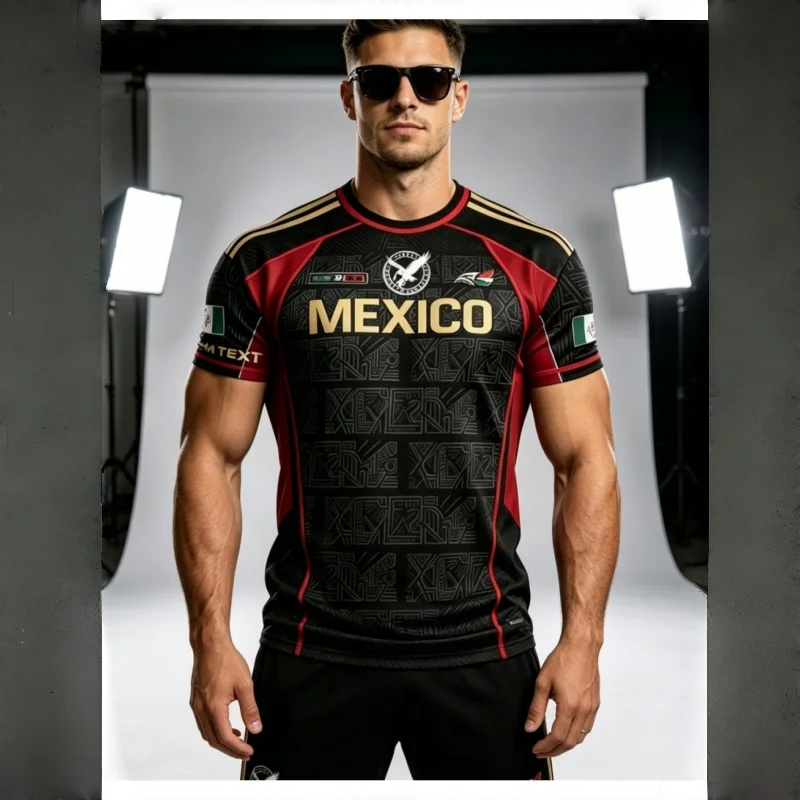 Men Mexico National Football Team Jersey Black Red Gold Splicing Aztec Pattern Short Sleeve O Neck Soccer Fan Sports Training Te