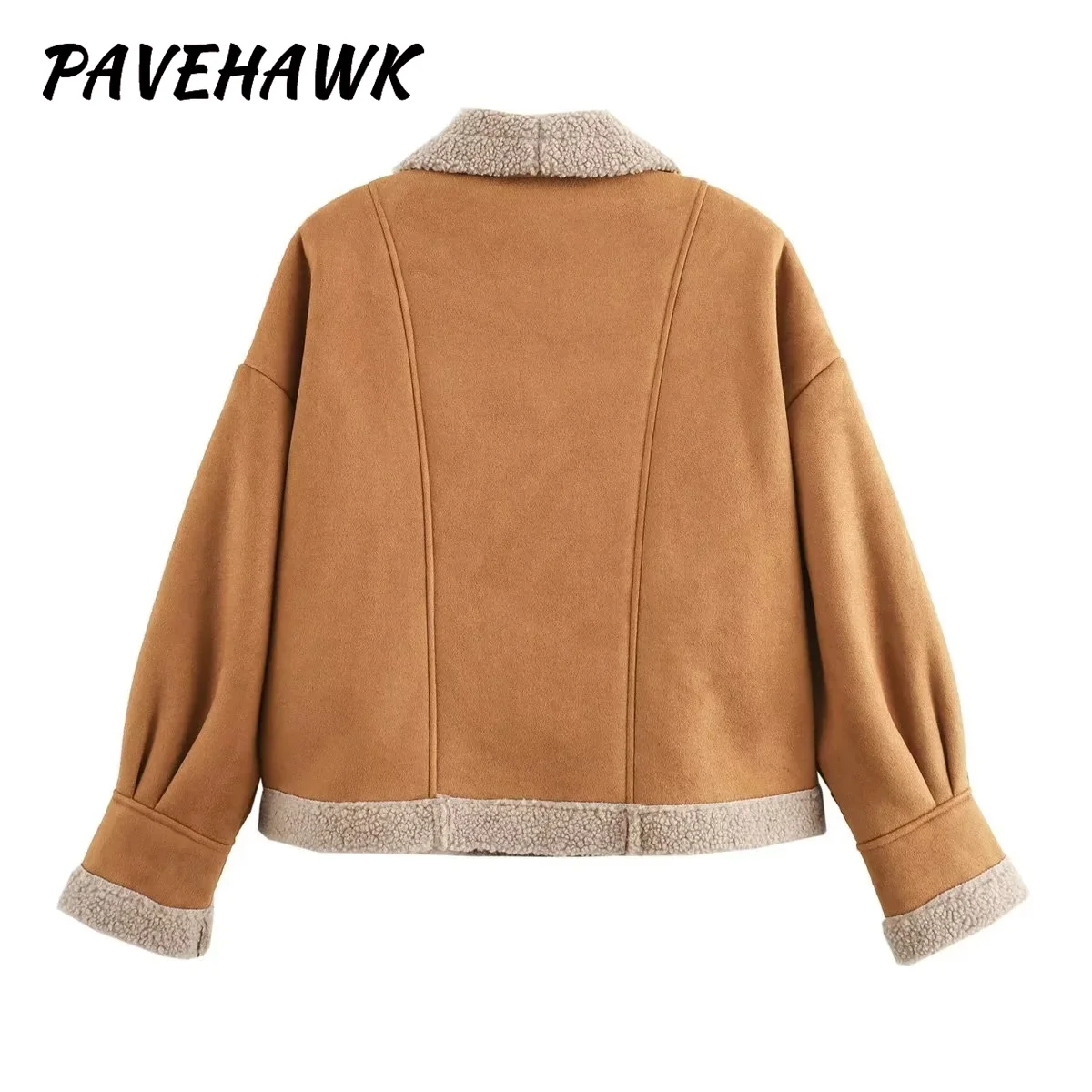 Women Lamb Fur Lapel Loose Jackets Long Sleeve Single-breasted Casual Short Coat Pocket Warm Autumn Winter Lady Spliced Jacket