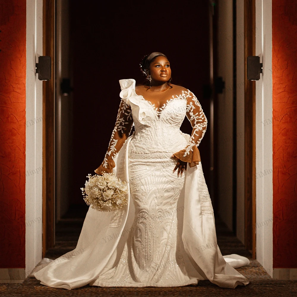 

2 In 1 Mermaid Wedding Dresses Luxury 2025 African O-Neck Crystals Applique Bride Gowns African Detachable Train Customized