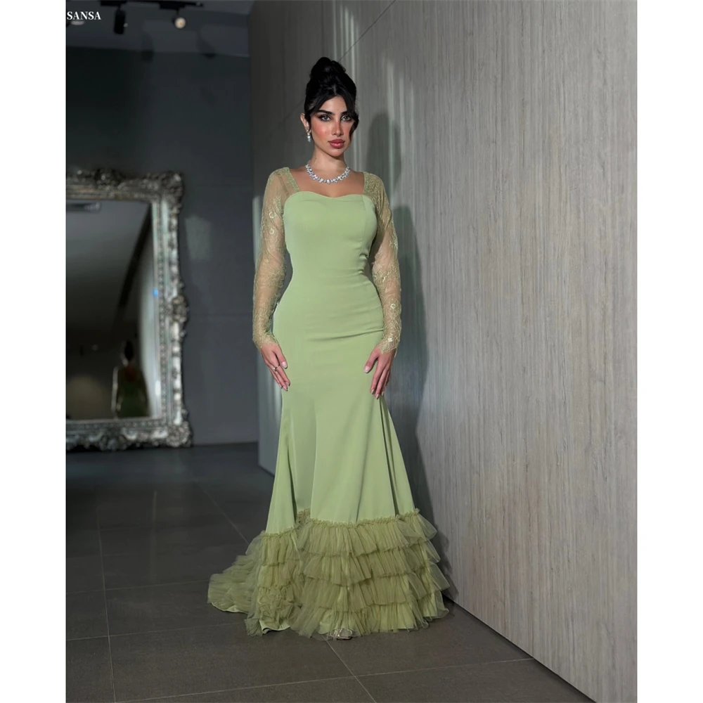 

Sansa Customized Green Mermaid Multilayer Pleats Sheer Lace Prom Dress Long Sleeve Vestidos De Noche Floor-Length Formal Evening