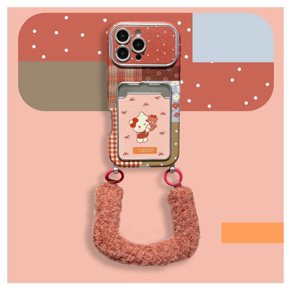 

Cute cat HelloKitty card holder with plush lanyard phone case, suitable for iPhone 17 Pro Max 14 15 16 13 Pro Max Pro anti drop