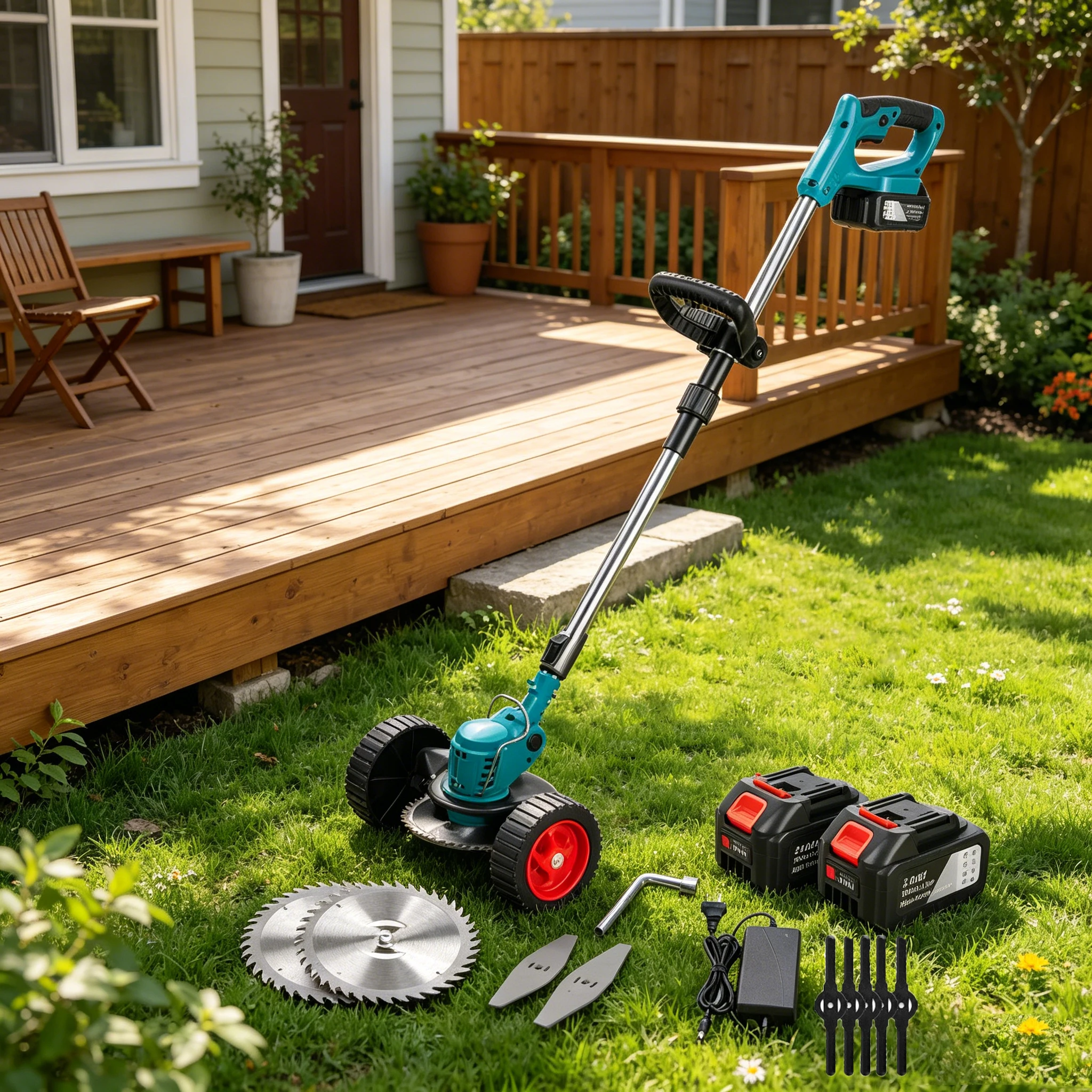 Tondeuse à gazon électrique sans fil 1500W, outil de jardinage, conception ergonomique, 3 types de lames, idéale pour tailler les parterres de fleurs, les arbres, les allées, les clôtures et les barrières.