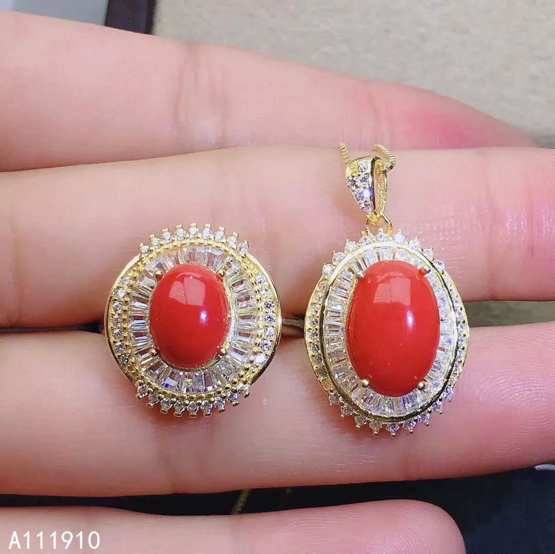 Girls' Natural Red Coral 8x12mm Large Gemstone Necklace Pendant Ring 3-Piece Set 925 Pure Silver Plated Gold Gift for Girlfriend