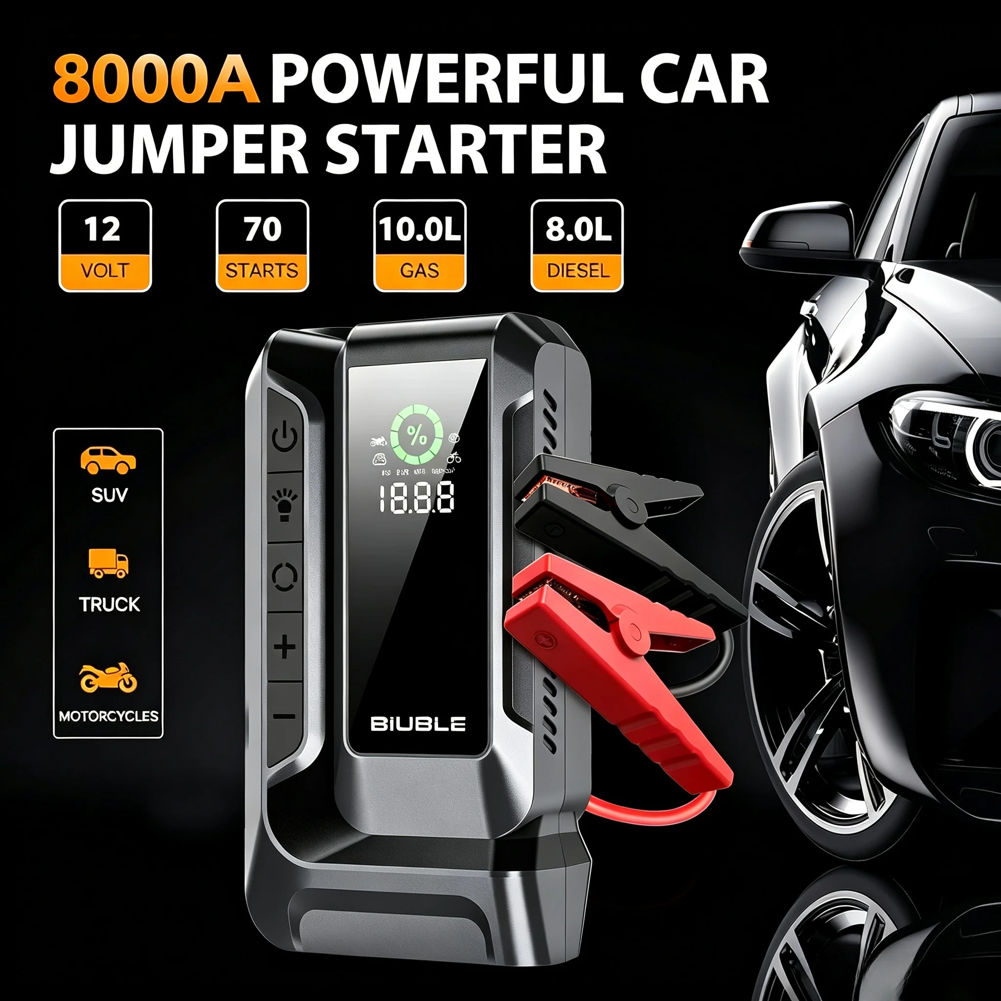 Avviatore di emergenza 16 8000A con compressore d'aria da 160 PSI – Power bank portatile 3-in-1 e torcia LED da 400 lumen – Per veicoli a benzina e diesel (12V)