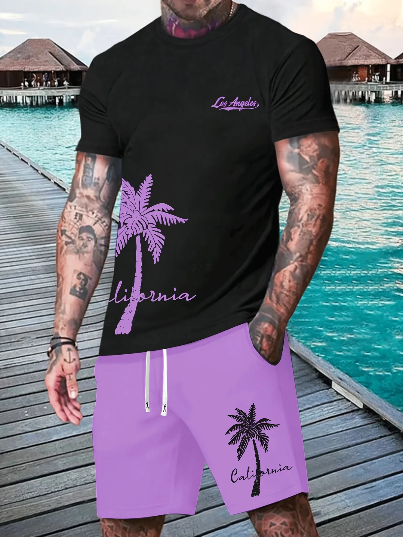 Summer Refreshing Coconut Print Men's Casual Short-Sleeved T-Shirt And Shorts Set Fashionable Suitable For Spring And Summer